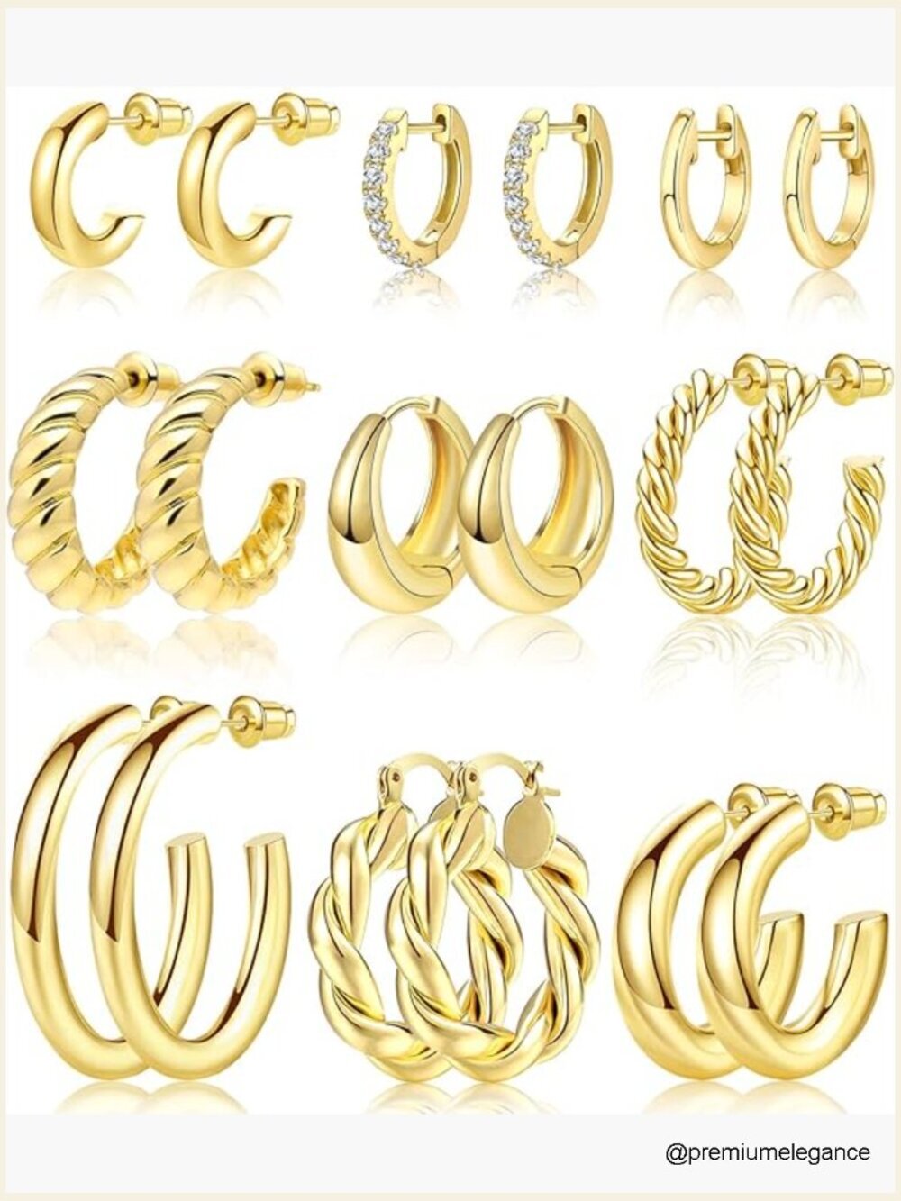 9 Pairs Gold Hoop Earrings Set - Twisted Huggie Hoops for Women Gold Plated